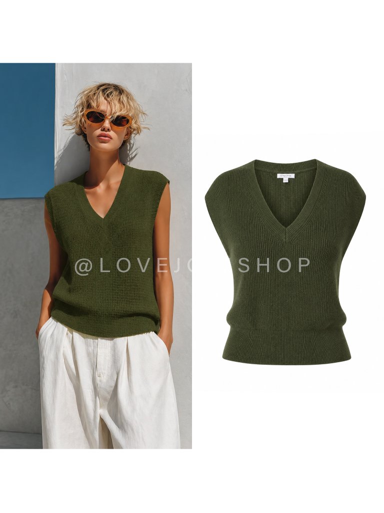 Minimalist | Ann Taylor Olive Green Sweater Vest V-Neck Knit Cap Sleeve Top | S